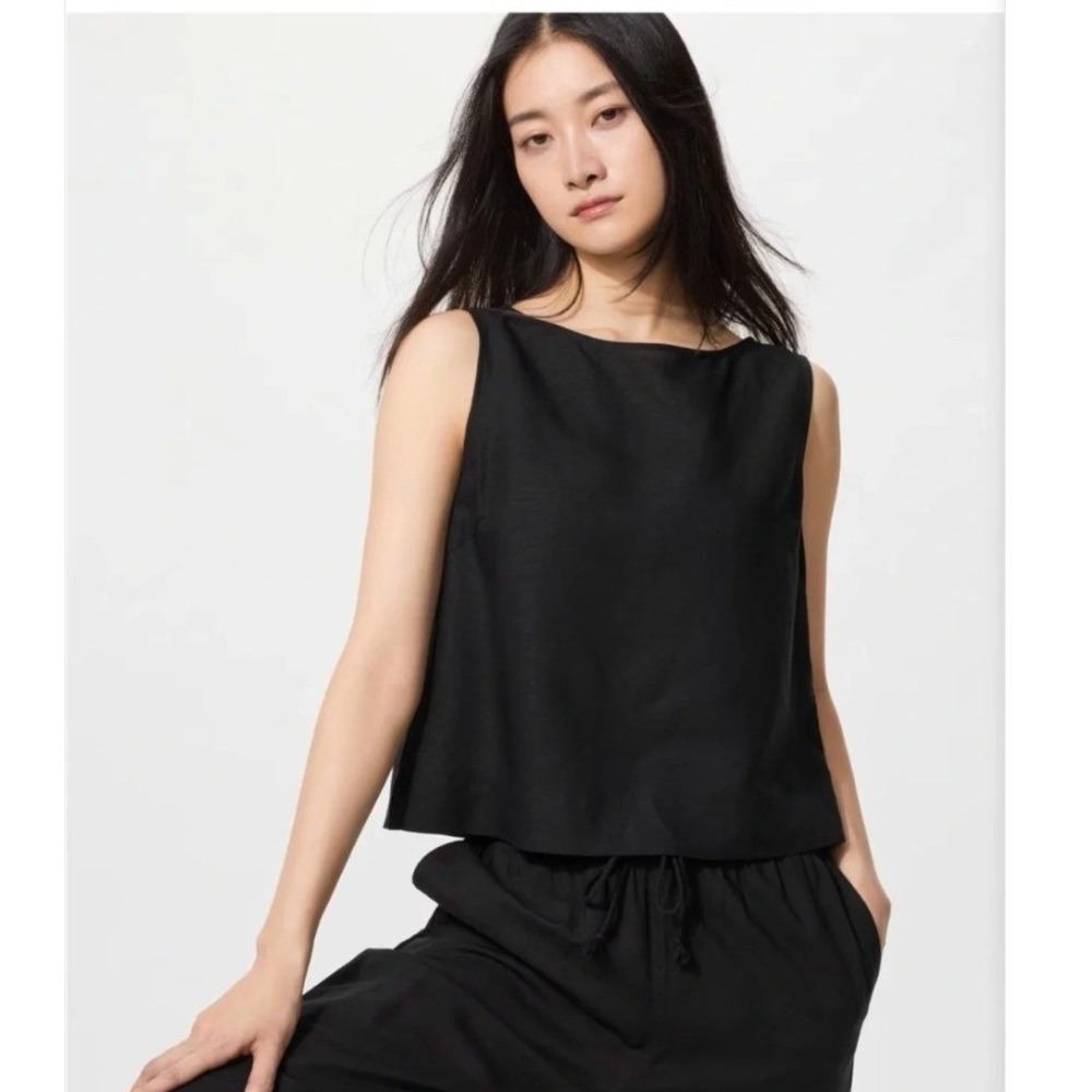 Uniqlo Women's Sz Medium Sleeveless Boatneck Blouse Boxy Black Rayon Linen Blend